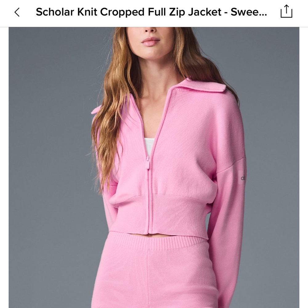 alo scholar knit cropped full zip jacket in sweet pink